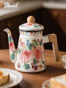 shoxil 1pc玫瑰珐琅茶壶水壶大容量茶壶燃气电磁炉通用桌面摆件搪瓷茶壶 - 玫瑰搪瓷壺 - 查看 7
