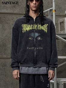 男士复古水洗图案拉链连帽运动衫，深色美式街头风格，秋季 - 黑色 - 查看 4