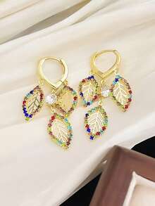 1pair Fashionable Hollow Out Leaf Shaped Earring With Full Rhinestone, Multiple Layers - Yellow Gold - View 6
