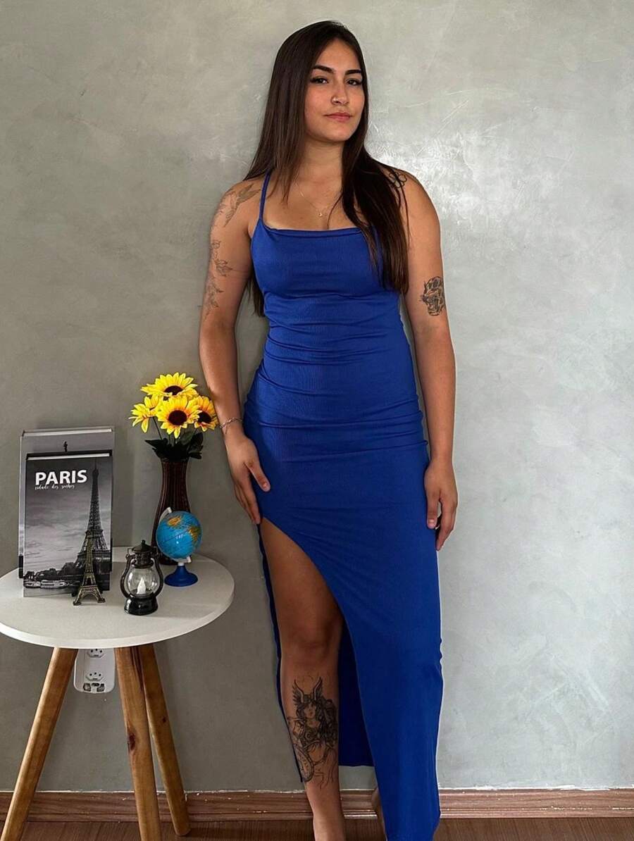 Ribbed Slit And Opening Dress By Moda 2025 - Azul - Ver 1