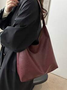 Bolso de hombro de mujer de gran capacidad y unicolor vintage, bolso cruzado multifuncional, bolso de hombro de mujer, bolso cruzado de gran capacidad, bolso de trabajo casual - Burdeos - Ver 5