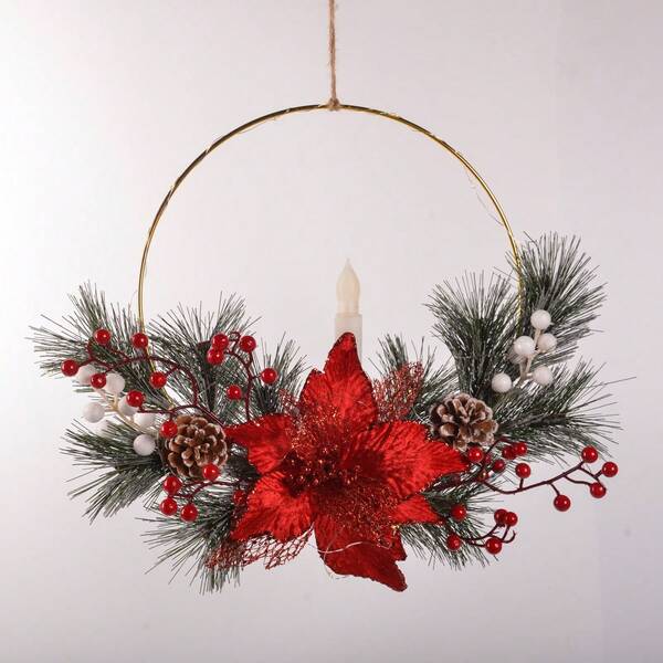 Guirlanda de Natal artificial com flores, frutos silvestres e agulhas de pinheiro para decoração de porta de entrada, parede, lareira, janela e varanda (sem luzes e velas). Decoração de Natal para casa e ambientes.