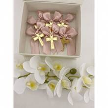 Christian Cross Ribbon Brooches, Baptism/Wedding/Communion Guest Favors, Exquisite Boxed Religious Ceremony Small Gifts