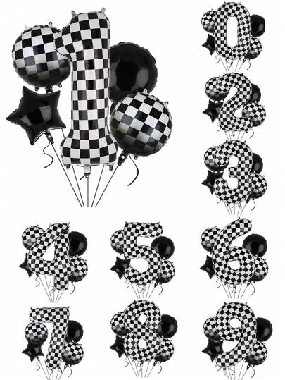 5件套赛车主题婴儿派对气球套装 - 40英寸巨型铝箔数字气球，18英寸黑白格子星形气球，赛车装饰，适用于婴儿派对、生日派对，男孩女孩皆宜