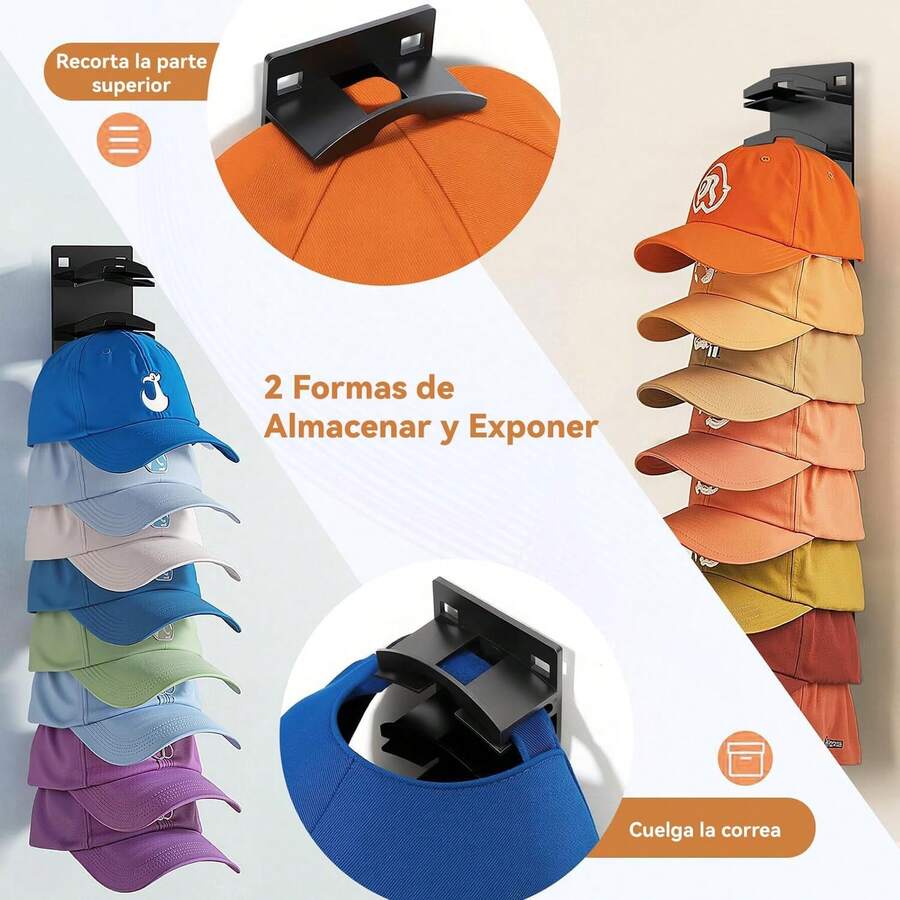 2PCS Organizador De Gorras De Béisbol,Perchero De Pared Con Adhesivo Fuerte,Con Capacidad Para 20 Sombreros, Con Dos Métodos De Montaje, Apto Para Guardarropas Y Gabinetes. (Negro) - Negro - Ver 1