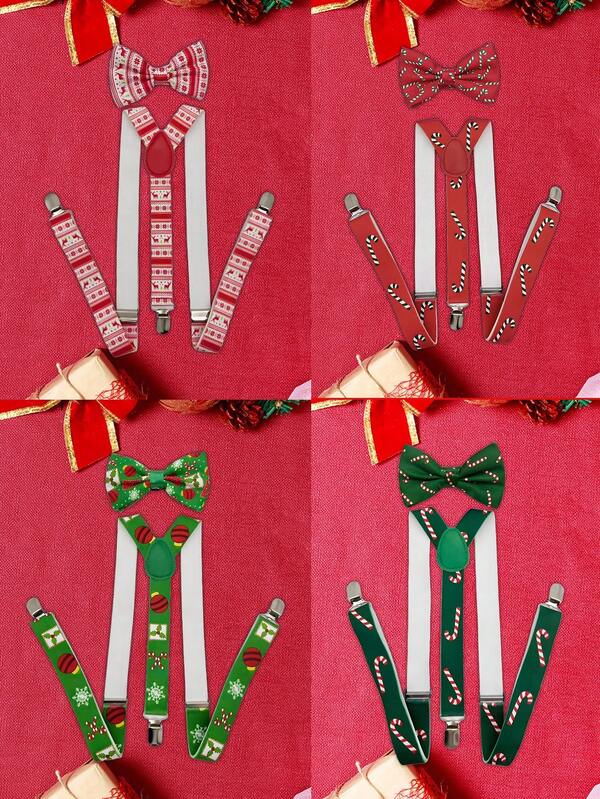 1 Set Decorazioni Natalizie da Uomo, Comprende Bretelle con Stampa di Renne e Caramelle, Papillon, Fermacintura, Papillon Rosso Adatto per Feste e Atmosfera Natalizia in Casa
