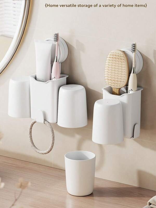 1 Stück wandmontierter Zahnbürstenhalter, Zahnbürstenregal, ohne Bohren Design, Saugnapf wandmontiert, Zahnbürsten- und Zahnpastaorganizer, Badezimmer Becher Halter, Badezimmer Accessoires, Badezimmer Artikel, Dorm Grundausstattung, Rückkehr zur Schule