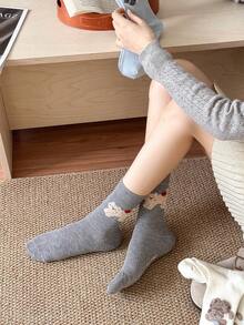 1 par de calcetines de tripulación con diseño de animales versátil y lindo, calcetines casuales de invierno/otoño para mujer