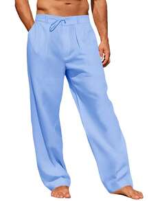 Men's Elastic Waist Beach Joggers Linen Cotton Drawstring Closure Lightweight Loose Style Yoga Ready - 天藍色 - 查看 4