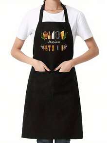 1pc Customized Black Kitchen Cooking Apron, Modern Polyester Oil-Proof Apron, Black Kitchen Apron, Polyester Apron For Garden, Kitchen And Housework Perfect For Home, Restaurant, And Kitchen Cooking