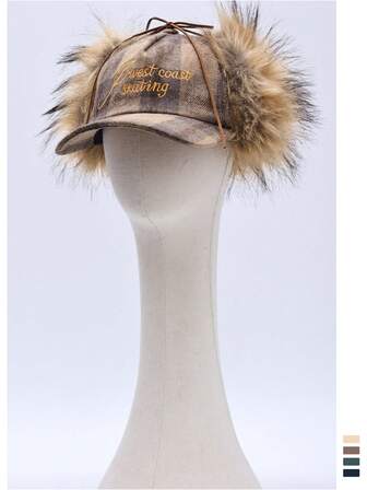 Retro Checkered Faux Fur & Leopard Print Fusion Snapback Hat - Y2K Subculture, Warm Furry Ear Protection Baseball Cap For Women, Checkered Fuzzy Streetwear Snapback For Men And Women, Autumn/Winter