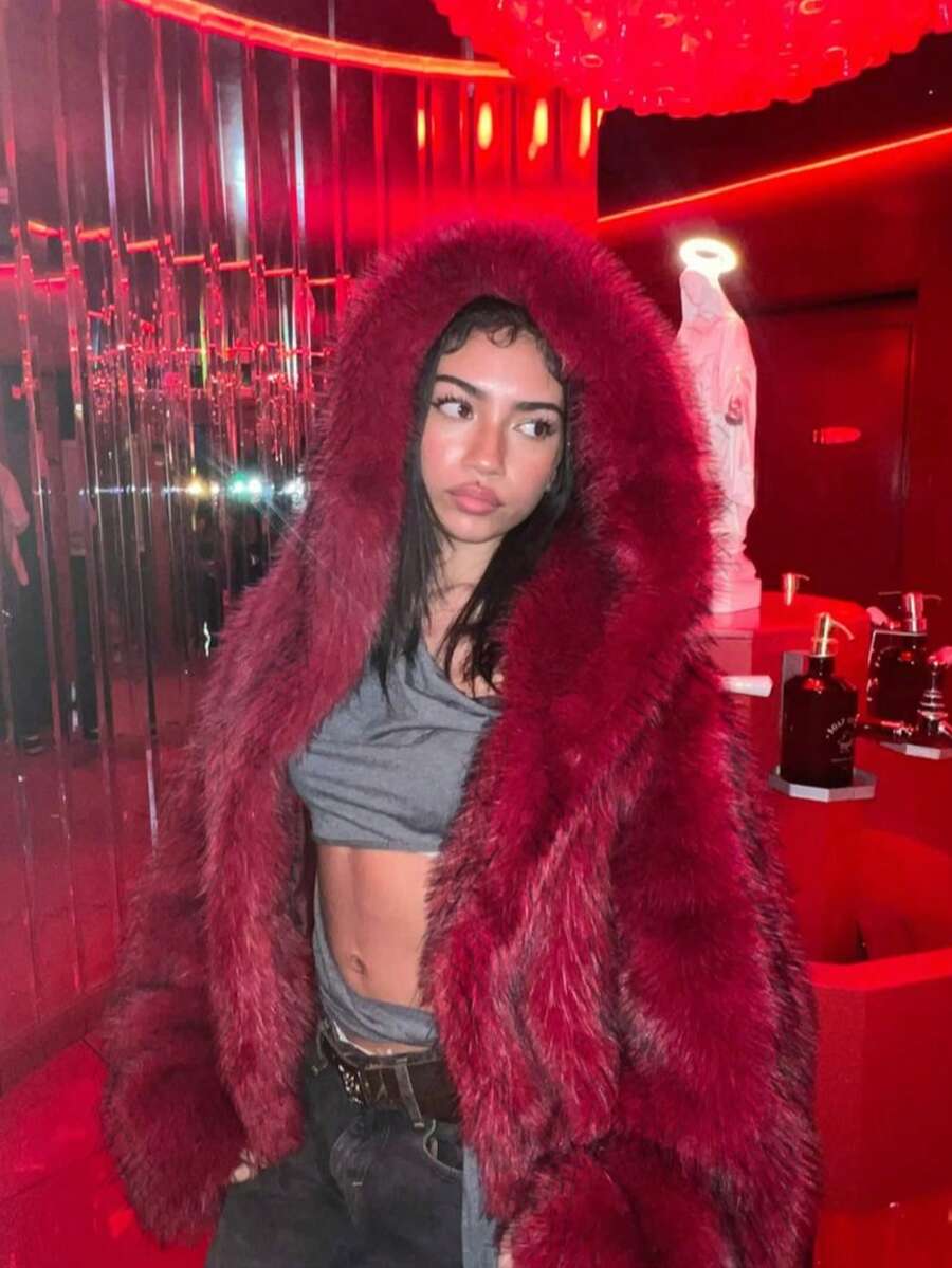 Long Sleeve Open Front Furry Burgundy Faux Fur Coats For Women,Solid Color Hooded Fluffy Jacket,Loose Cropped Casual Fur Top Elegant Chic Outwear,Fall Winter Clothes For Women Halloween Christmas For Going Out Outfits - 酒紅色 - 查看 1