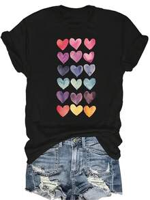 [Camiseta de Moda Casual] Camiseta suave y cómoda para mujer - Parte superior de manga corta de cuello redondo con patrón de corazones de colores, regalo perfecto para la abuela y la mamá, uso casual de primavera y verano - Negro - Ver 1