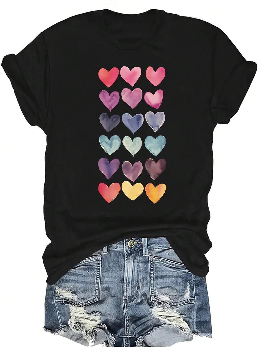 [Camiseta de Moda Casual] Camiseta suave y cómoda para mujer - Parte superior de manga corta de cuello redondo con patrón de corazones de colores, regalo perfecto para la abuela y la mamá, uso casual de primavera y verano - Negro - Ver 1