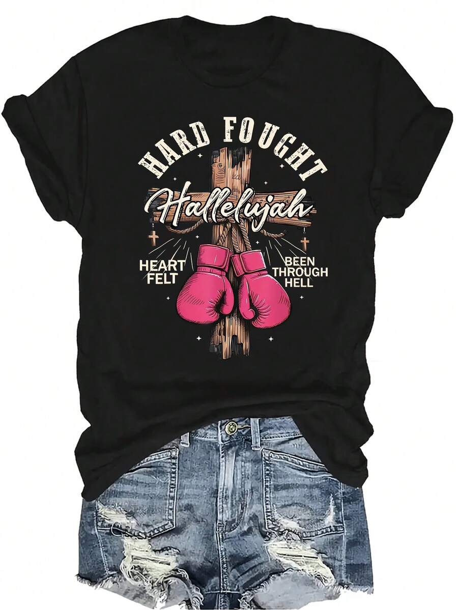 [Camiseta de moda casual] Camiseta suave y cómoda para mujer - Camiseta de manga corta de cuello redondo con el lema "Hard Fought Hallelujah", regalo perfecto para la abuela y la mamá, uso casual de primavera y verano - Negro - Ver 1