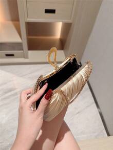 1 chiếc ví cầm tay dự tiệc hình hộp xếp ly thanh lịch dành cho nữ, túi xách tay cầm tay đính vòng tay lấp lánh sang trọng, ví cầm tay dự tiệc tối trang trọng quyến rũ, thích hợp cho các buổi hẹn hò, dạ hội, sinh nhật, tụ họp trang trọng - Màu be - Xem 5