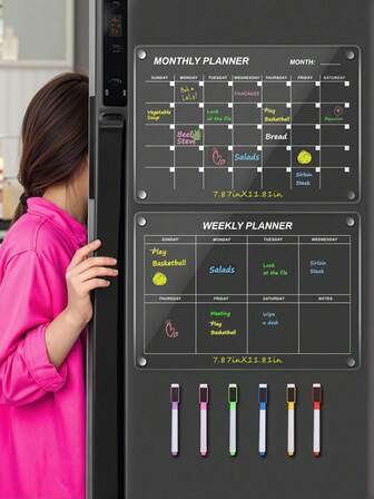 1pc 3D Magnetic Acrylic Dry Erase Board (With 6 Whiteboard Markers) 12*8in Weekly Planner Calendar Info Writing Board, Erasable Magnetic Fridge Memo Board, Home Decor To-Do List Planner, Great For Home Menu, Best Gift For Birthday/Graduation