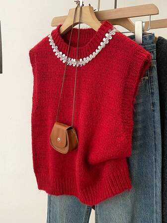 Embellished With Beads & Sequins Solid Color Knitted Women Sweater Vest, Retro Chic, Versatile For Autumn/Winter