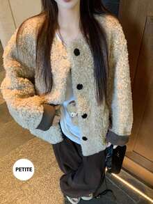Chaqueta casual de cuello redondo con efecto de borreguillo estilo coreano para mujer, gruesa y cálida, corte holgado, versátil para otoño/invierno - Caqui - Ver 3