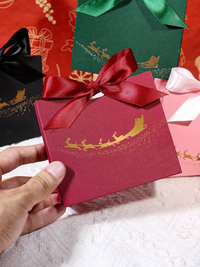 10pcs Christmas Gift Box With Ribbon Bow, Luxury Santa Sleigh And Reindeer Gold Foil Design, Elegant Paper Favor Box For Candy, Cookies, Chocolate, Jewelry, Holiday Party, Wedding, Birthday, Xmas Wrapping Supplies, Decorative Packaging Bag In Pink Black