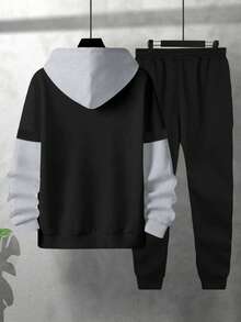 2 件套新款秋冬季男士长袖连帽运动衫，带有彩色丝带字母印花和松紧腰抽绳裤，适合休闲、运动、旅行、度假、健身、跑步和情侣装。 - 彩色 - 查看 3