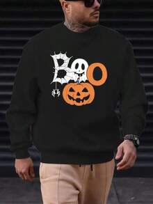 Men's Halloween BOO Graphic Sweatshirt - Casual Polyester Crewneck Pullover With Festive Print, Machine Washable,Fall Hoodies,Men's Fall Clothes,Street Wear,Halloween,Mens Hoodies,Y2k Clothes,Jesus Hoodie,Thanksgiving Day,Nightmare Before Christmas,Christmas - 黑色 - 查看 1