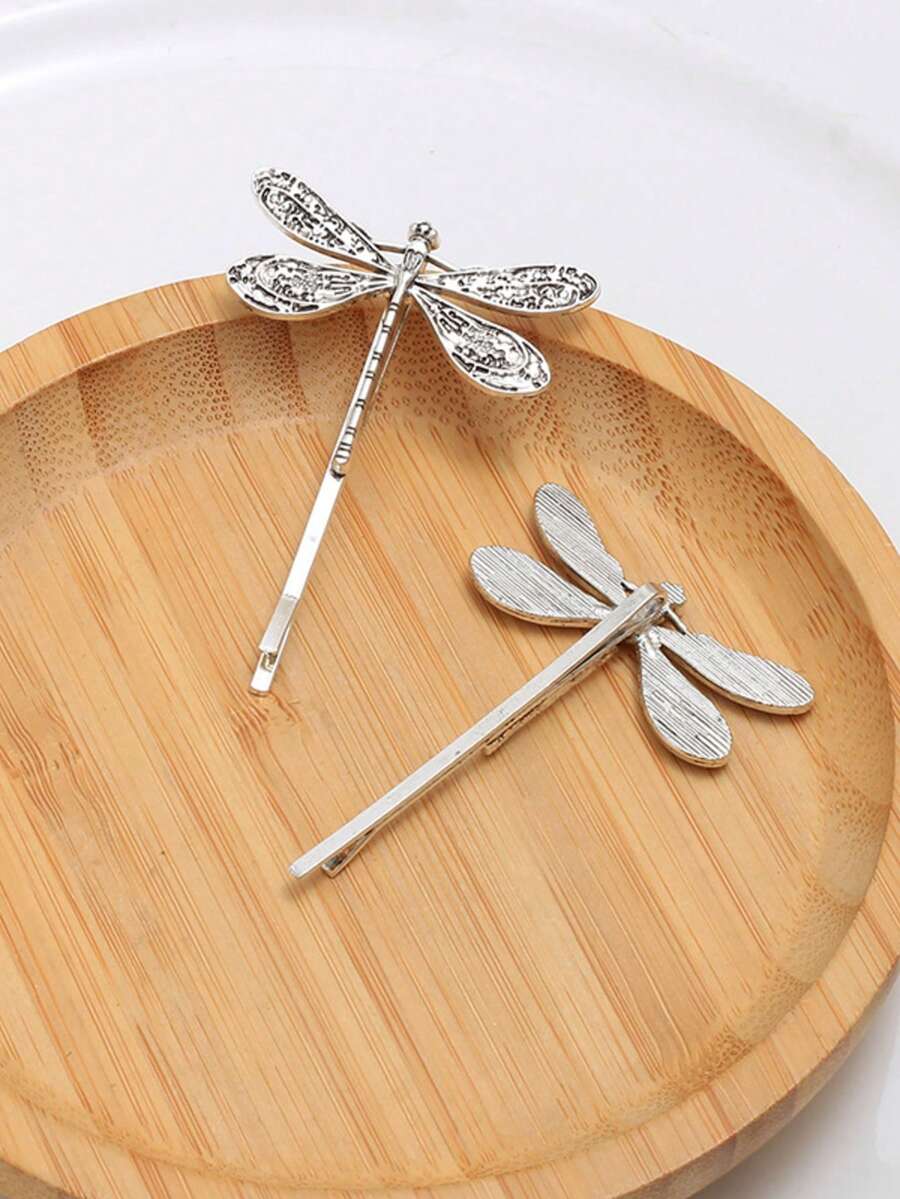 2pcs Elegant Vintage Dragonfly Metal Hair Clips, Minimalist Design, 5cm/1.97in Silver-Tone Alloy, Suitable For Women Everyday Decoration, Casual, Formal, Travel, School, Party, Holiday Gift, Claw Clips, Hair Claws, Hair Slide, Hair Barrettes