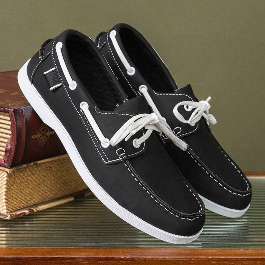 Men's Loafers, Black And White Contrasting Casual Leather Shoes - 黑色 - 查看 1