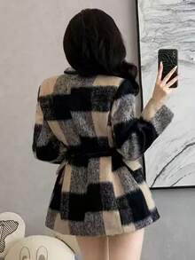 法式复古时尚通勤修身不对称下摆加厚格纹女士秋冬双排扣西装外套度假黑色 - 黑色 - 查看 4