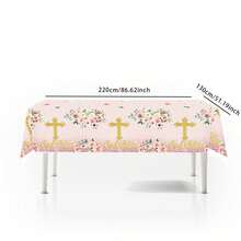 1pc "God Bless" Baptism Tablecloth Decor, First Communion Tablecloth, Baptism Party Supplies, Disposable Plastic Cross Tablecloth, Celebration Tablecloth - Multicolor - View 7