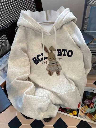 Women's Fashionable Cartoon Rabbit Print Casual Hoodie Sweatshirts, Essential Item, Autumn/Winter Christmas Gift