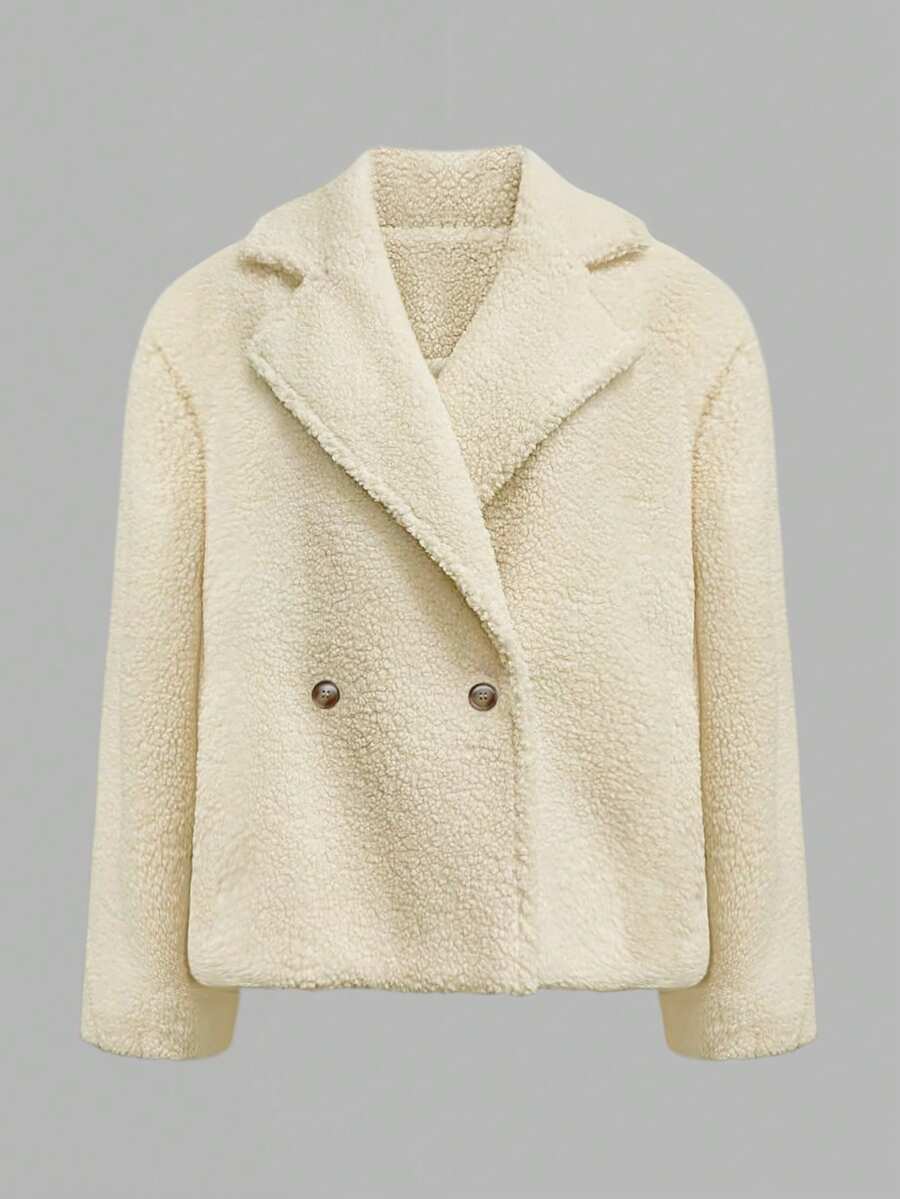 女士休闲百搭米色街头时尚翻领开衫，秋冬 - 杏色 - 查看 1