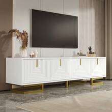 TV Cabinet, Base With Structured Doors, TV Cabinet, Golden Handle And Golden Legs - White + Particle Board - View 11