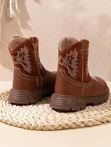 1 Pasang Sepatu Bot Anak-Anak Gaya Barat Bordir Setinggi Betis, Sepatu Bot Datar Nyaman untuk Anak-Anak, Cocok untuk Pemakaian Sehari-hari & Luar Ruangan, Musim Gugur/Musim Dingin - Coklat - View 6