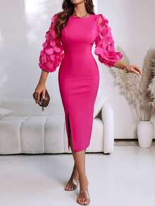 Polka Dot Appliques Mesh Lantern Sleeve Zipper Back Slit Work Dress Cinched Waist Slim Fit Mid-Length Dress With Belt - Màu Hồng Tươi - Xem 4