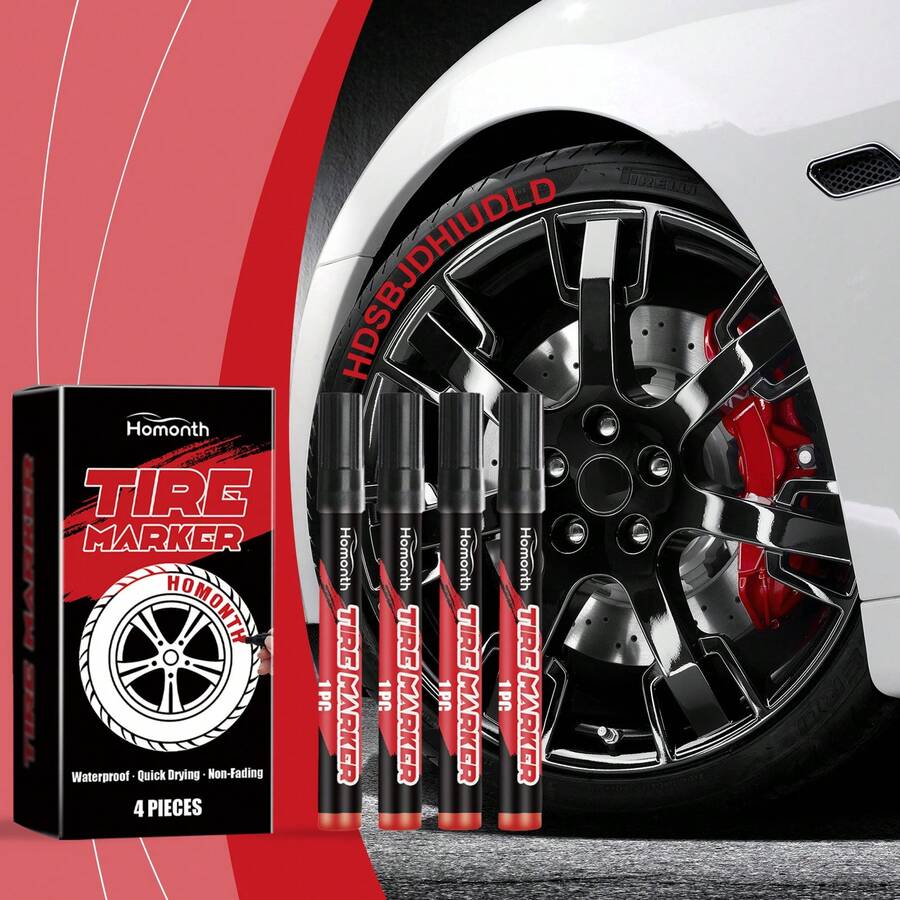 4pcs/Box Car Tire Doodle Pen No Fading Waterproof Red Auto Rubber Tyre Paint Pen, Quick Dry And Permanent, Creative Diy Marker Graffiti Touch Up Scratches