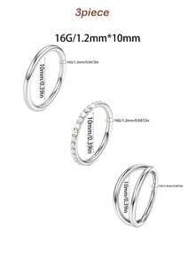 3件套高品质个性化316L不锈钢锆石鼻环，男女通用耳环，穿刺饰品，银色可选，尺寸：16G/18G/20G，内径：8mm/10mm - 3件套鼻環 - 查看 14