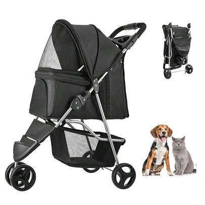 Pet Stroller, 35 Lbs Weight Capacity, Foldable Dog Stroller Cart, 3 Wheels Cats Stroller With Mesh Windows And Cup Holders, Portable Pet Carrier Stroller With Brake, For Small To Medium Pets
