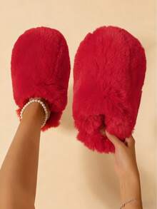 2025 Autumn/Winter New Fashion Fluffy Slippers For Men & Women, Warm Plush Toe Cover House Slippers - Red - View 5