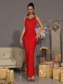 新款黑色性感无袖露背重工奢华钻石紧身长款绷带连衣裙，优雅女士正式晚宴礼服 - 紅色 - 查看 4