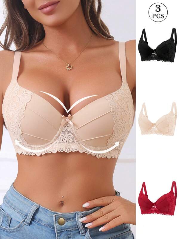 3pcs Women's Sexy Lace Patchwork Floral Bras, Adjustable Strap Bras, Suitable For All Seasons, Elegant Design, Comfortable And Breathable, Ideal For Dates And Casual Wear