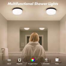2-Pack Rechargeable Shower Lights For Inside Shower, 15 RGBW Color Changeable Waterproof Lights For Shower With Remote(Dimmable&Timer), Wireless LED Mood Lighting For Bathroom, Closet, Bedroom, Party - 2Pcs RGB - 查看 5
