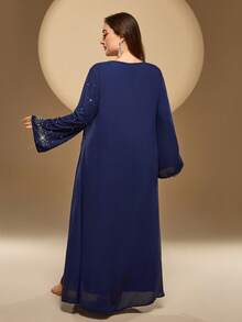 Plus Size Women's Solid Color Round Neck Long Sleeve Arabic Dress, Embellished With Rhinestones, Beads, And Wave-Shaped Studs (Handmade, Random Density Of Studs And Rhinestones) Spring - Royal Blue - View 2