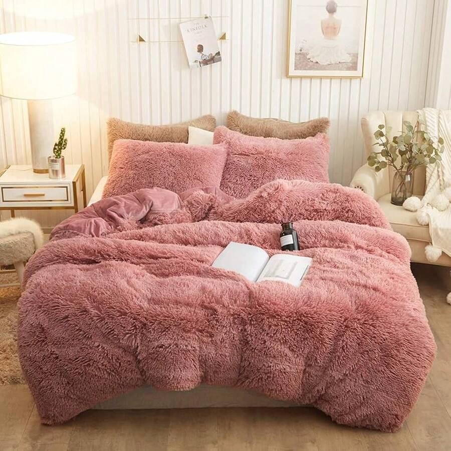 Plush Shaggy Duvet Cover Set, Ultra Soft Fluffy Bedding Sets 3 Pieces (1 Fuzzy Comforter Cover + 2 Pillow Cases), Zipper Close (, Pink), Luxury Bedding - 老粉紅 - 查看 1