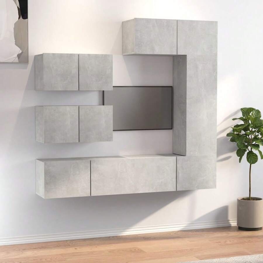 Set di mobili TV Larryhot da 6 pezzi, in legno ingegnerizzato grigio cemento, resistente, facile da montare, ideale per l'arredamento della casa - Grigio - Visualizzare 1