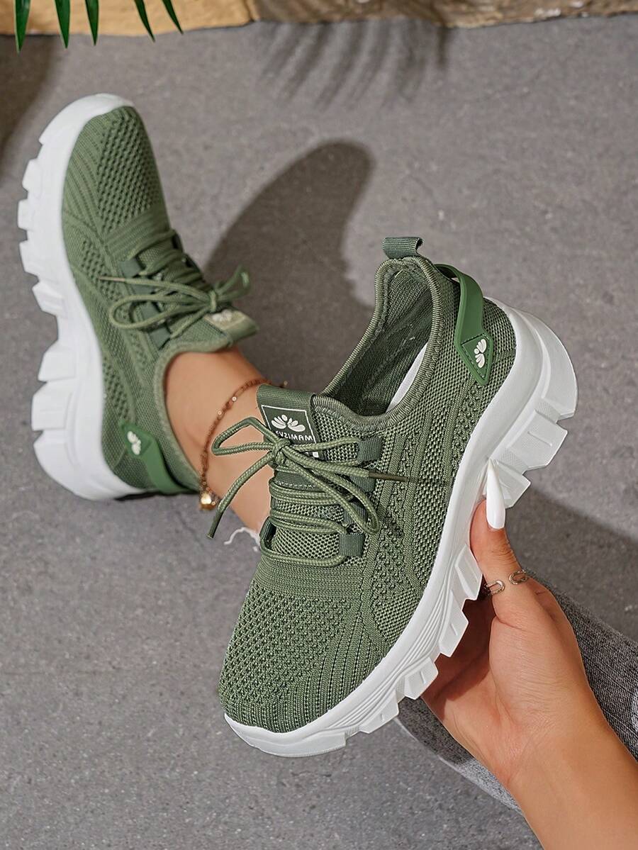 "Export Platform Round Toe Slip-On Sports Shoes Women 2025 Summer Large Size Breathable Running Shoes Soft Sole Casual Lace-Up Lightweight Women" - Green - View 1