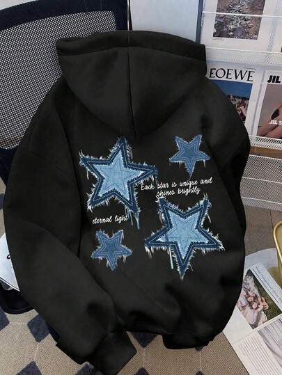 大码女式休闲简约星形贴布黑色长袖卫衣，加厚保暖宽松时尚套头衫，适合秋冬季穿着