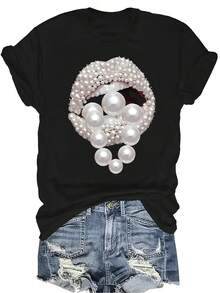 [Camiseta de Moda Casual] Camiseta de Mujer Suave y Cómoda - Elegancia de Racimo de Perlas Casual de Manga Corta Cuello Redondo, Regalo Perfecto para Abuela y Mamá, Uso Casual de Primavera Verano - Negro - Ver 1