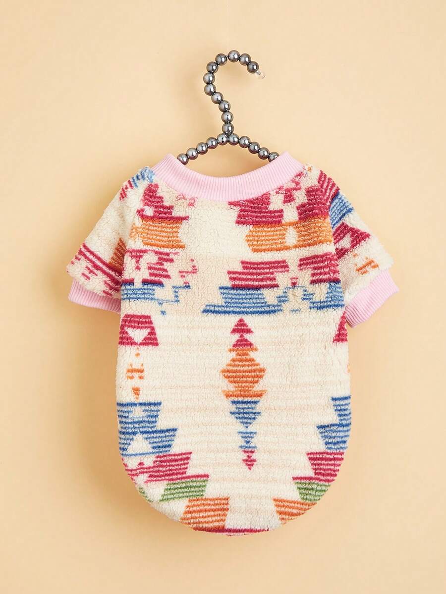 EOO 1pc Cat & Dog Universal Fashionable New INS Style Warm Geometric Pattern Plush Pet Sweatshirt, Autumn/Winter - Multicolor - View 1