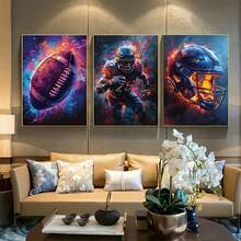 3 PiecesCanvas Wall Art Set - Americana Sports Theme, American Football Art Prints For Classroom, Home Office, Bedroom, Dining Room - Indoor Graffiti Style Rugby Posters, Frameless Transverse Orientation, Canvas Artwork For Game Room Decor